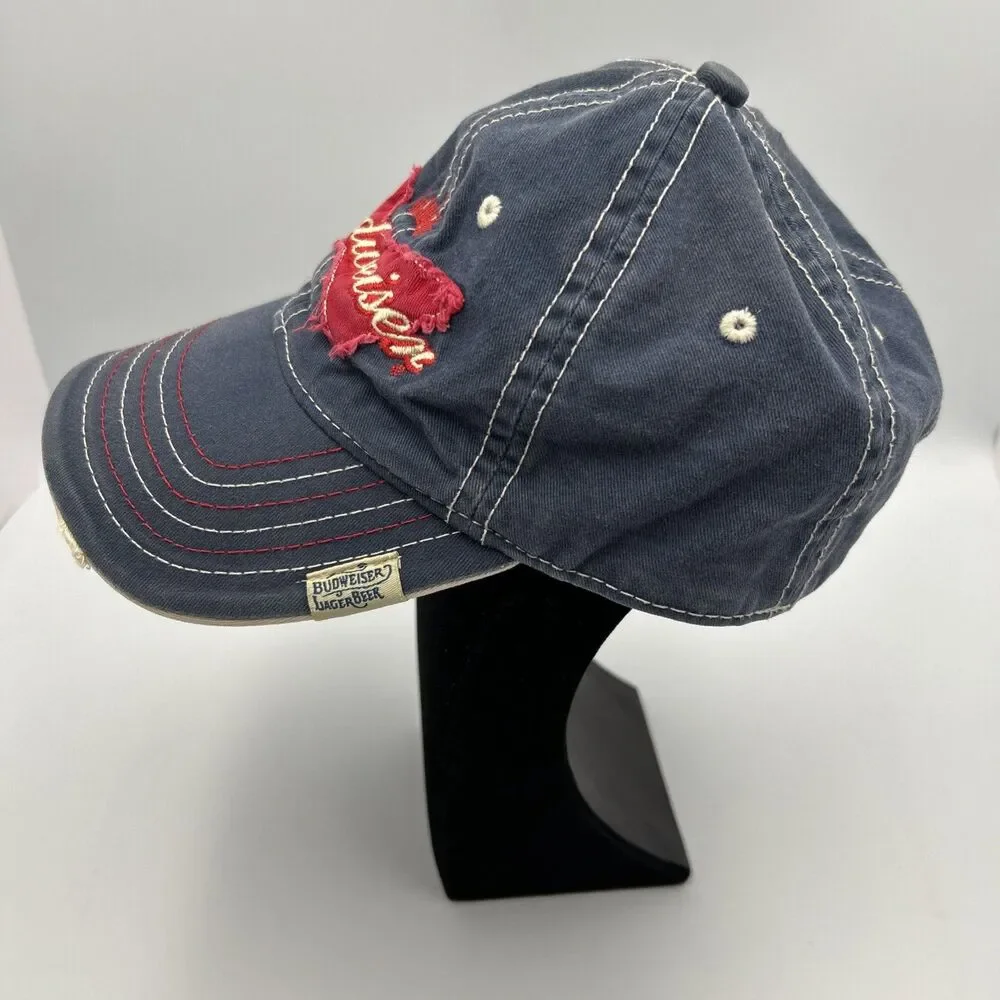 Budweiser Beer Cap Distressed Patch Logo Denim Adjustable Hat Navy